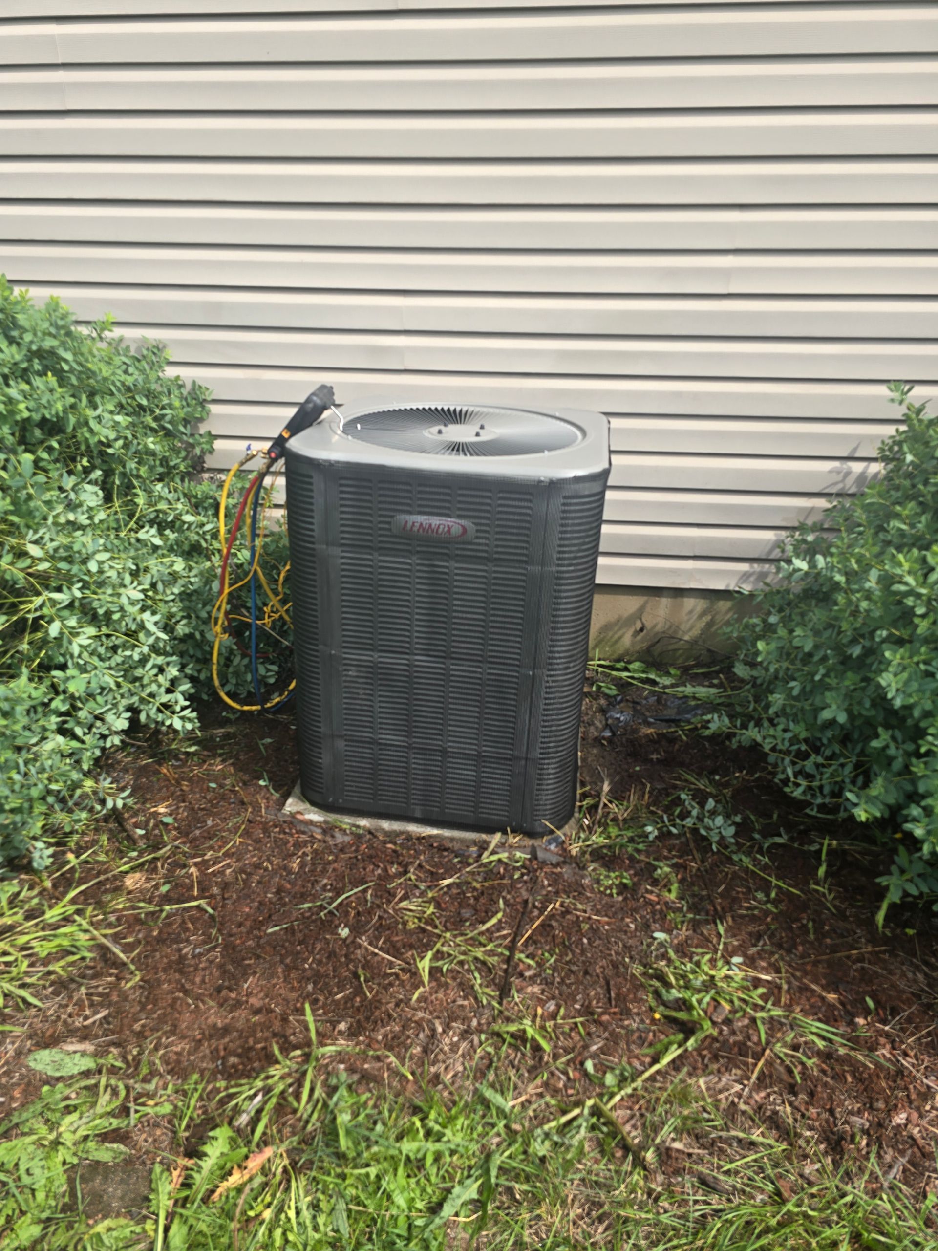 Outdoor air conditioner unit beside house siding, surrounded by shrubs and bare soil.