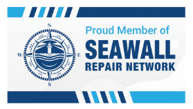 Logo for Seawall Repair Network. Features a compass with a lighthouse and text: