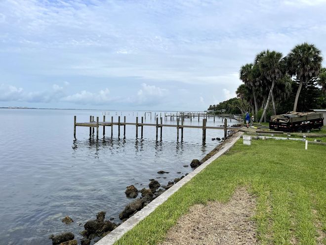 Wooden dock extending to water, lined with shrubs and trees. Cloudy sky.