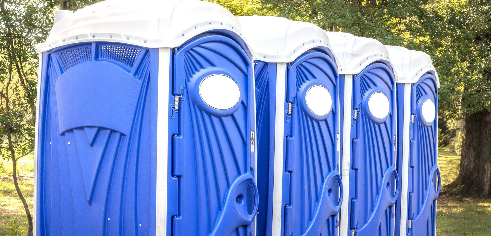 Blue portable toilets lined up in a grassy area.