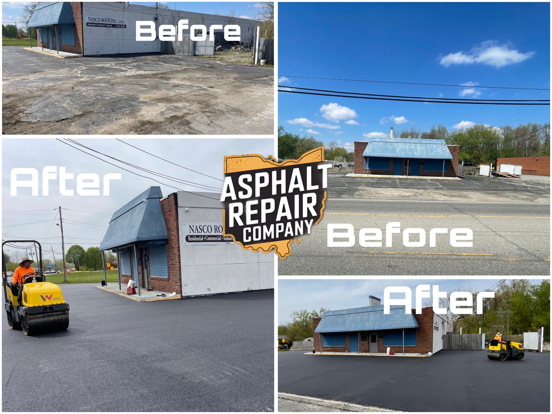 A collage of before and after photos of an asphalt repair company
