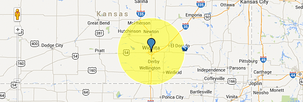 50 Mile radius map of Wichita, Kansas