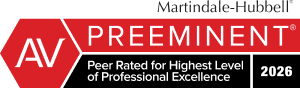 Martindale-Hubbell AV Preeminent 2026 badge with “Peer Rated for Highest Level”.