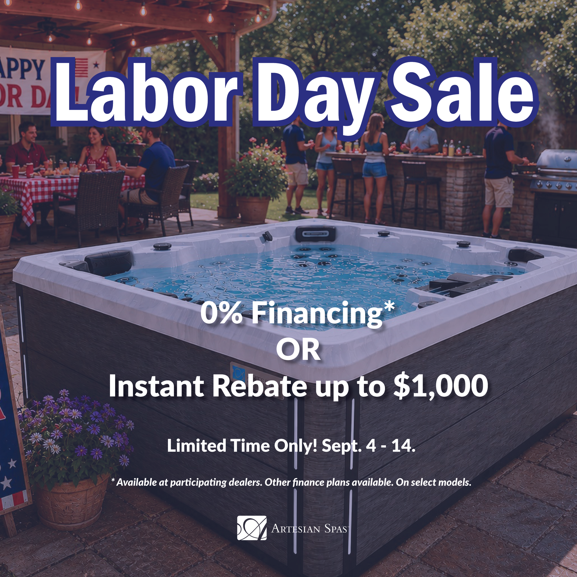 4th of July sale banner with fireworks, U.S. flag, and financing offer text on a dark patriotic background
