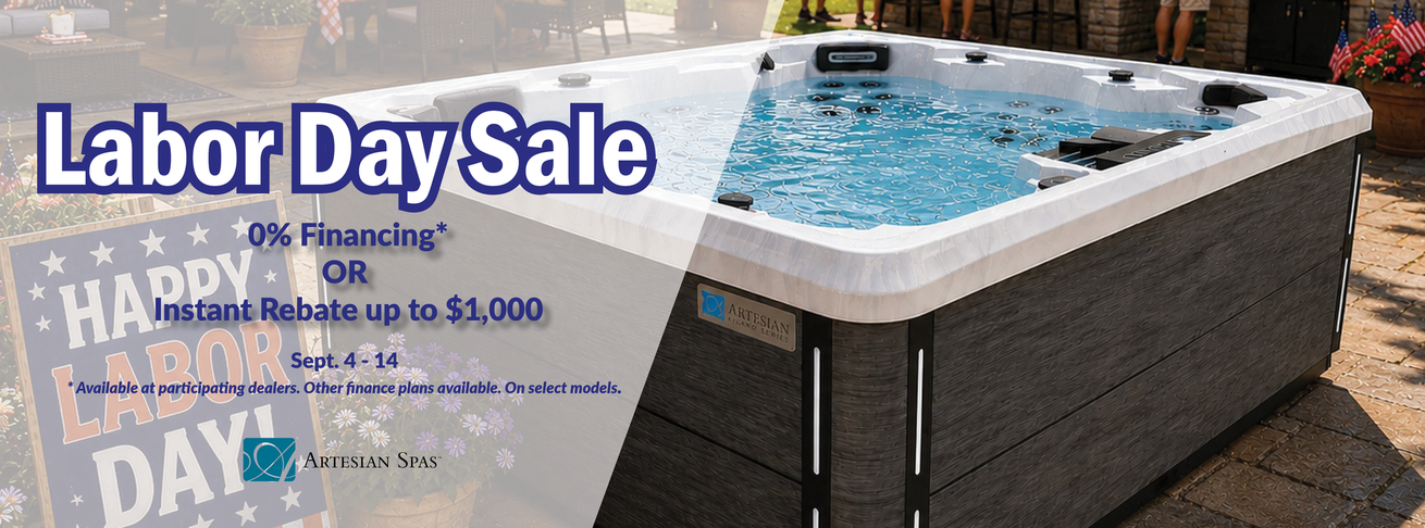 4th of July sale banner with a hot tub and red, white, and blue patriotic design