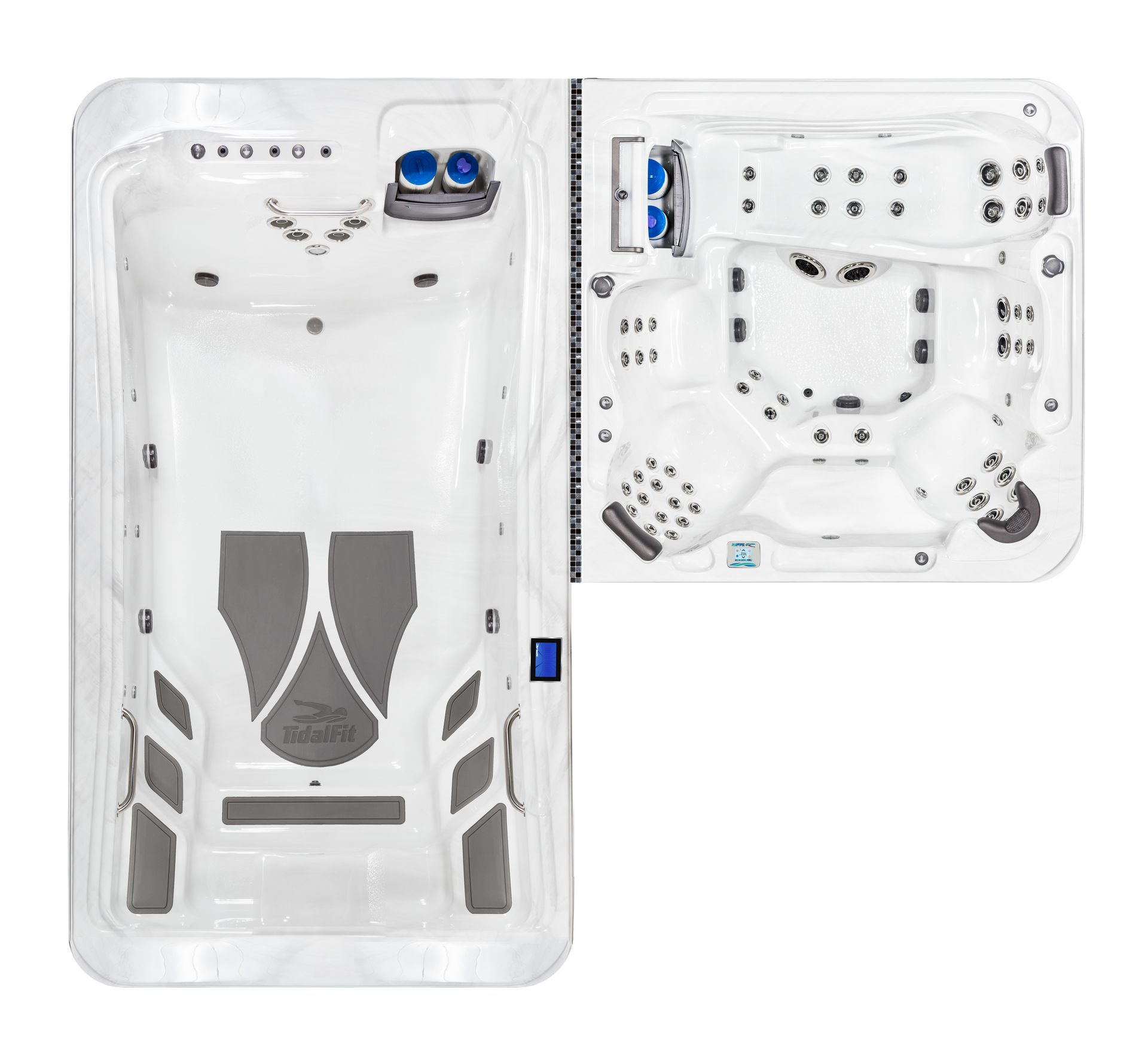 White hot tub spa with gray seats and blue jets, shown from top and side views.