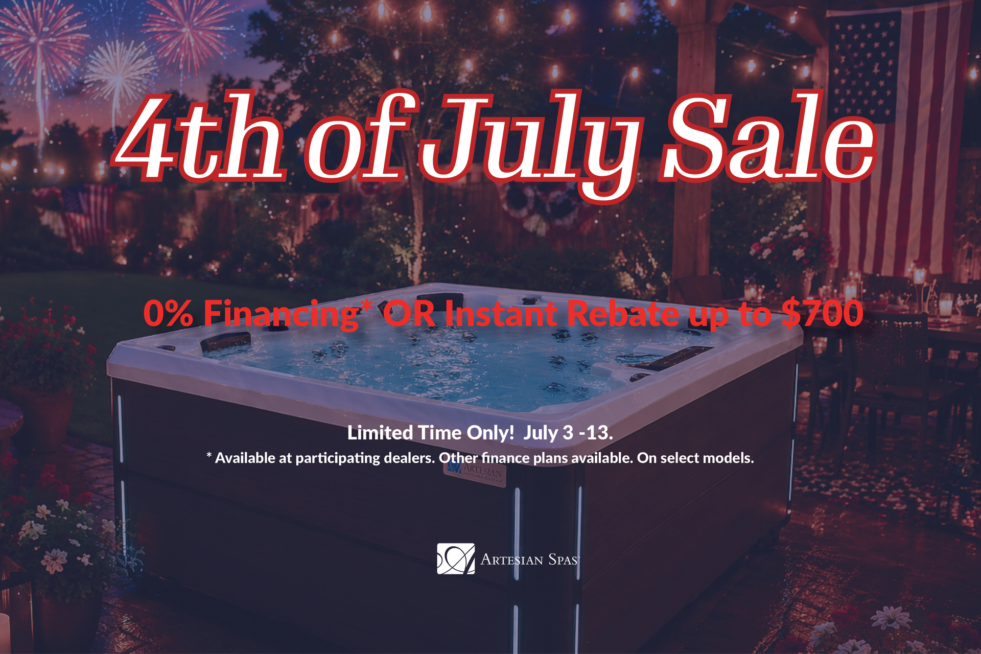 4th of July sale banner with fireworks, U.S. flag, and financing offer text on a dark patriotic background