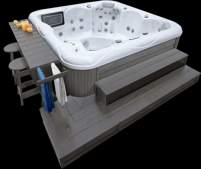 White hot tub on a gray wooden deck with steps, side bench, and cup holders