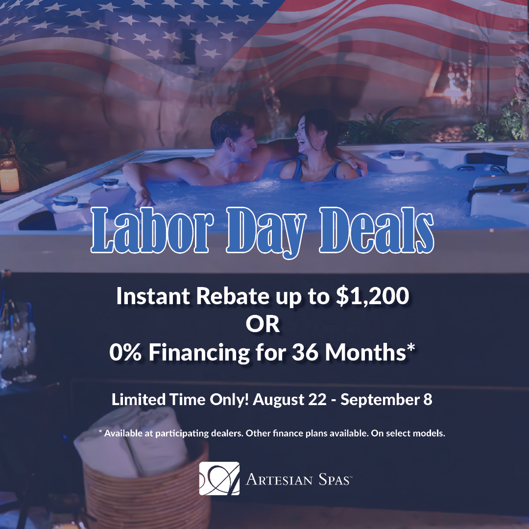 Couple in a hot tub, Labor Day deals ad. Offers instant rebate or 0% financing. Limited time: August 22 - September 8.