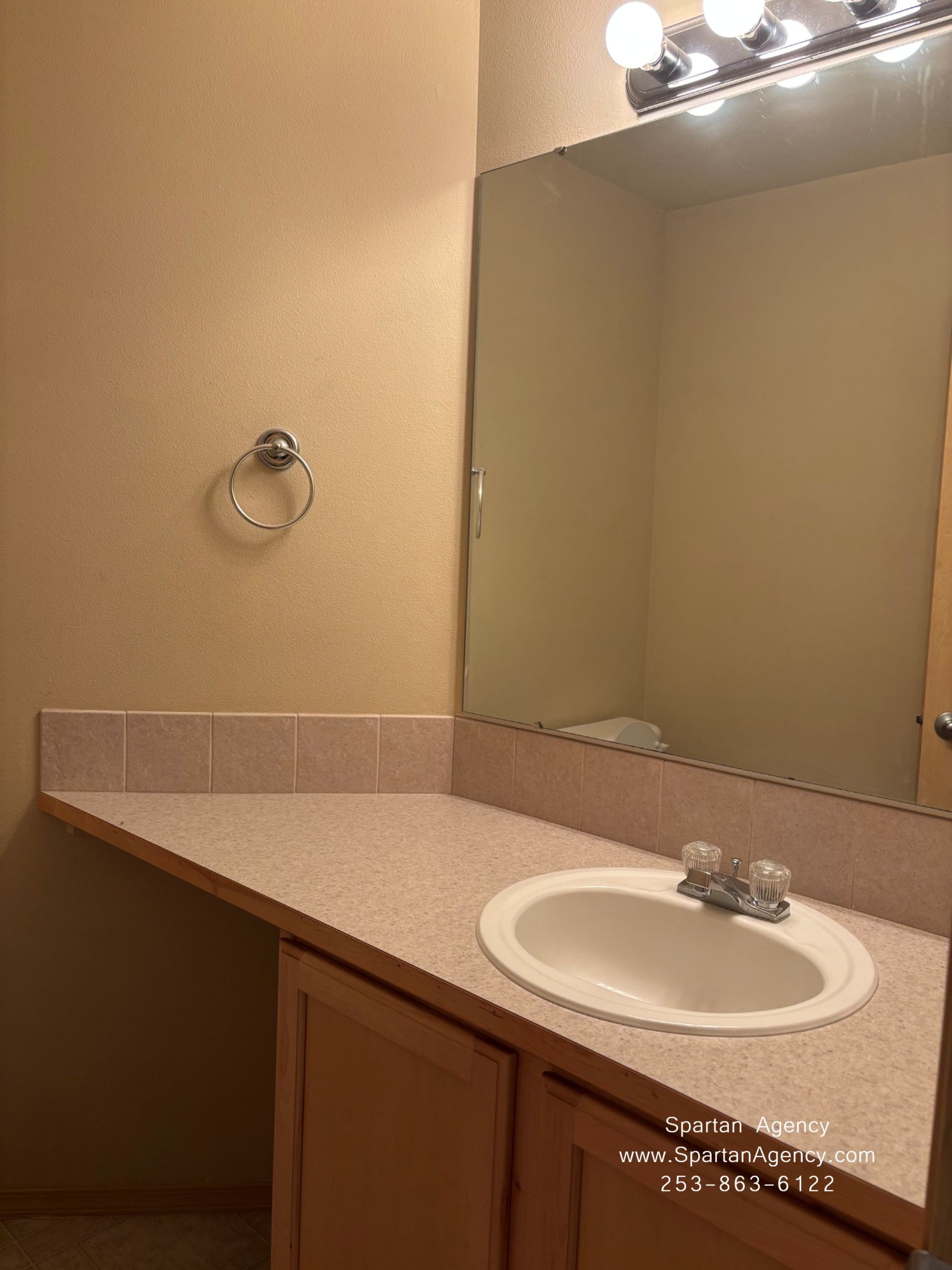 Bathroom vanity with beige countertop, round sink, large mirror, and wall light fixture