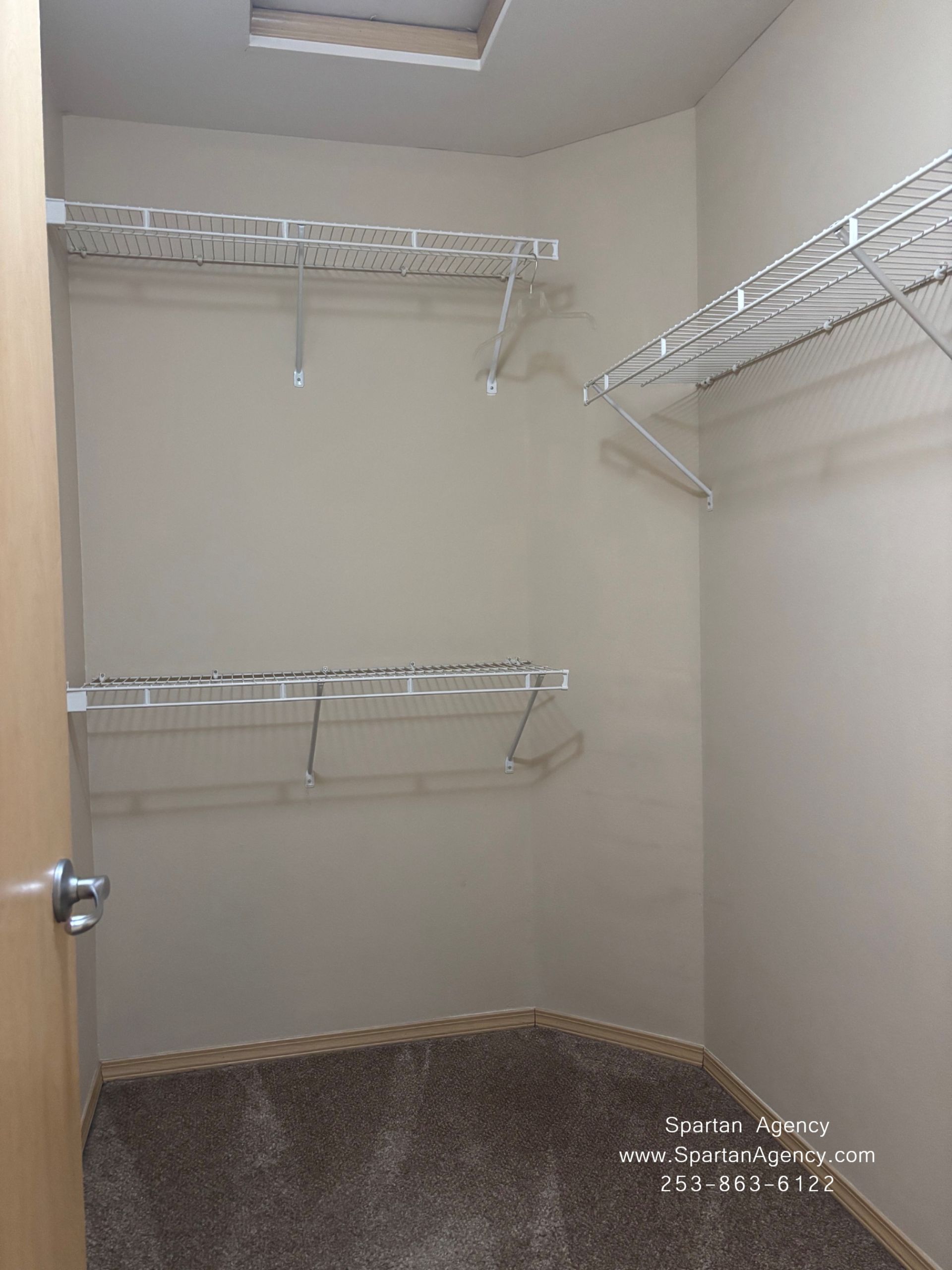 Empty walk-in closet with wire shelving and a carpeted floor