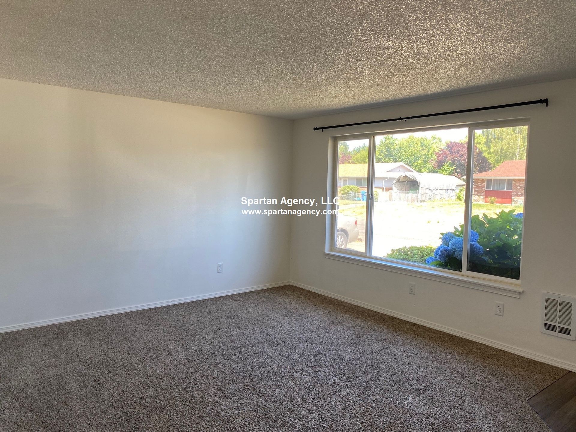 Empty living room with beige carpet, white walls, and a window overlooking a yard.