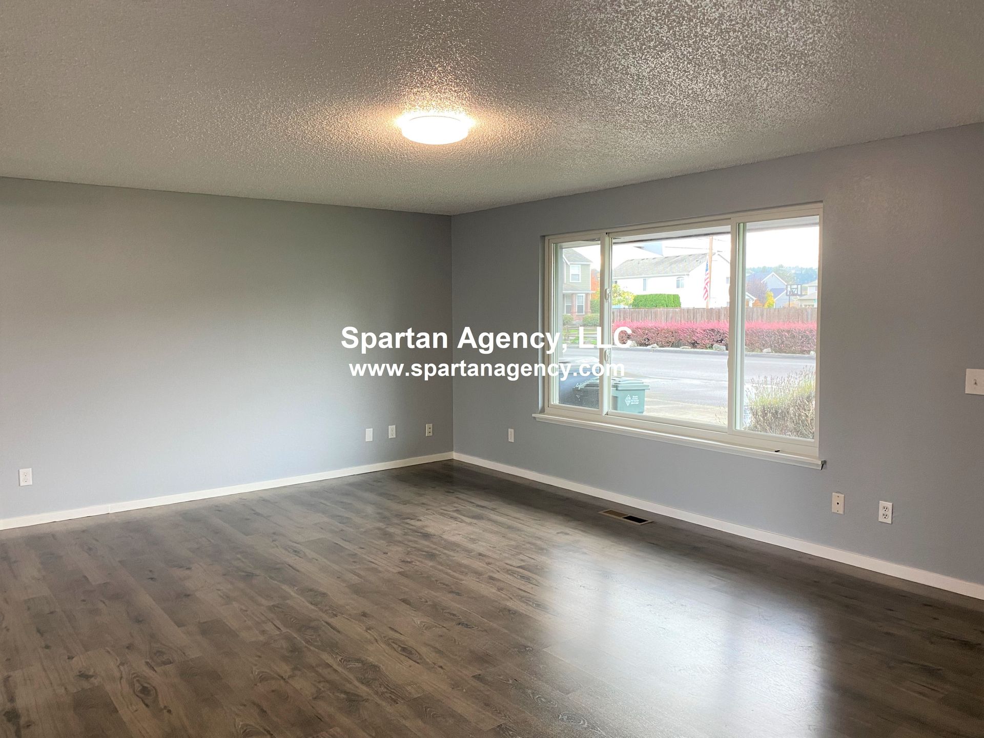 Empty room with gray walls, wood-look flooring, and a large window overlooking a street. A ceiling light is on.