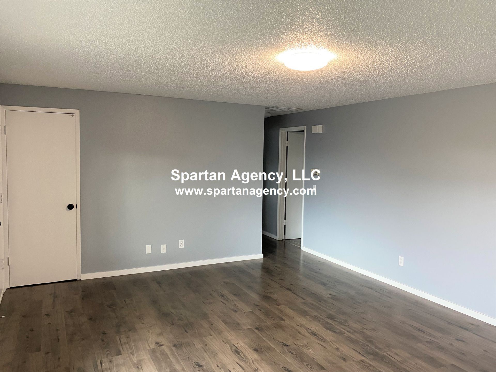 An empty room with gray walls, white doors, and laminate flooring. A fluorescent light is centered on the textured ceiling.