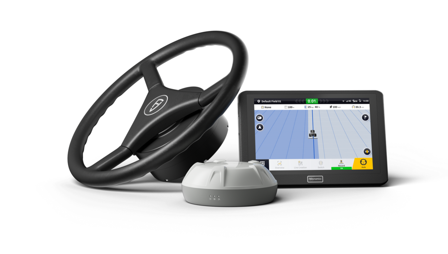 Boat steering wheel, navigation display, and sensor, on white background.