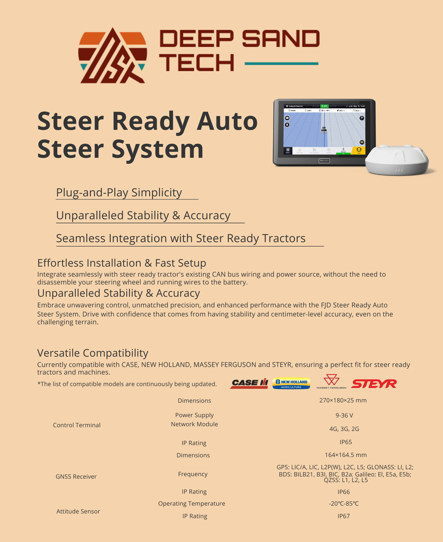 Advertisement for a farming auto-steer system, featuring a tablet, antenna, and tractor logos.