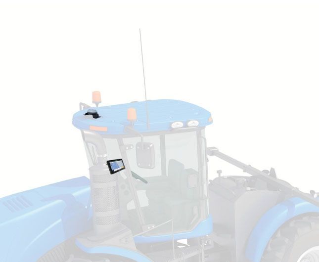 Blue tractor cab with a screen mounted on the side window.
