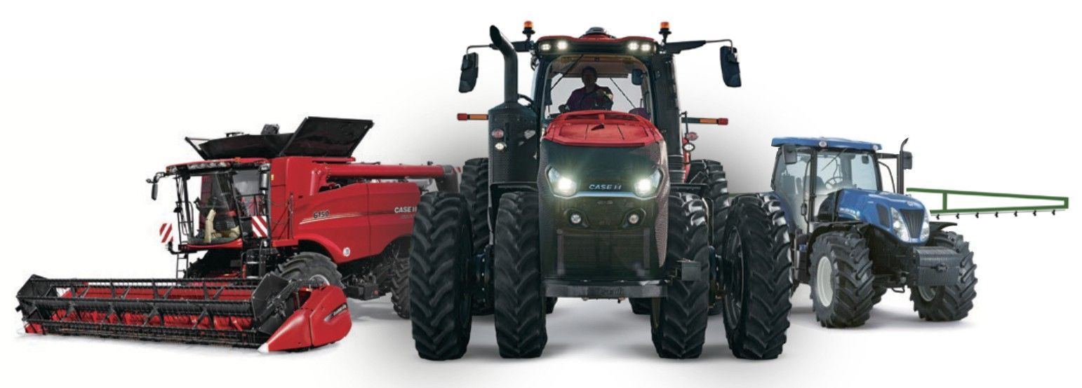 Collection of red and blue agricultural vehicles.