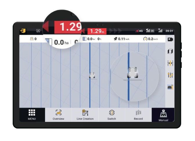 Agricultural display screen with real-time field data, showing area covered and navigation lines.