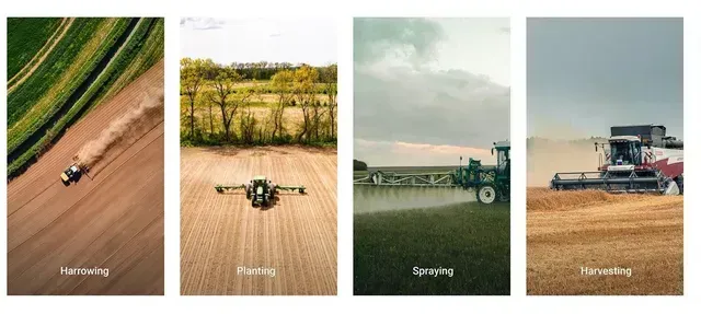 Aerial views of agricultural activities: harvesting, poultry, spraying, and harvesting.