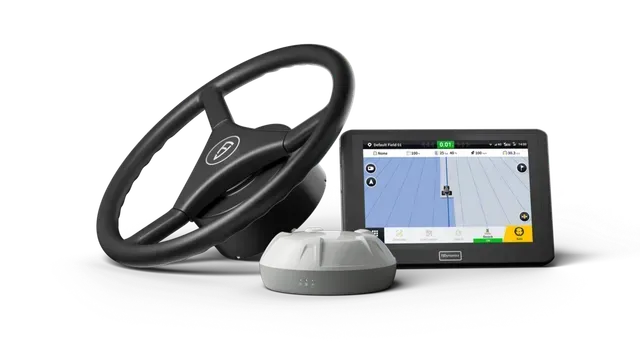 Boat steering wheel, navigation display, and sensor, on white background.