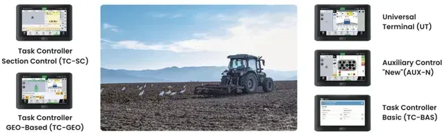A tractor plowing a field, with several computer displays showing agricultural data.