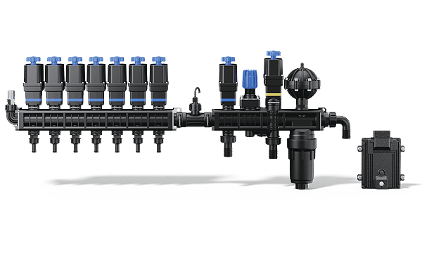 Agricultural GPS guidance system with steering wheel, control screen, and black piping.