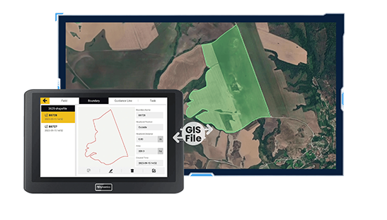 Tablet displaying map data overlaid on aerial view of land, likely for GIS analysis.