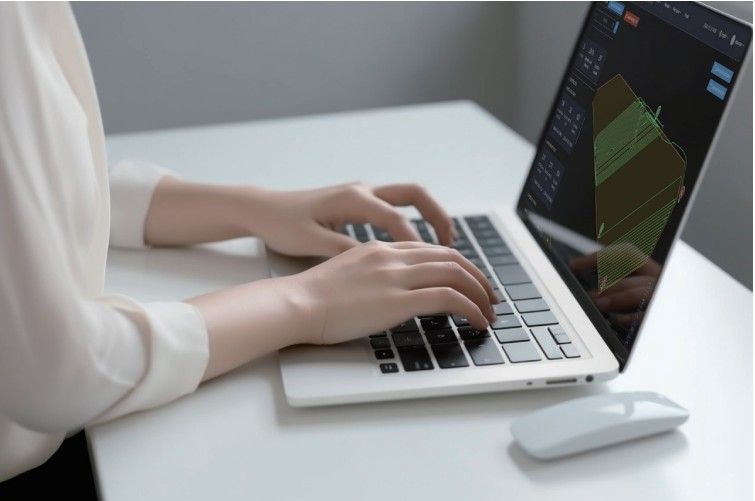 Person typing on a laptop at a white desk; a mouse is next to the computer.