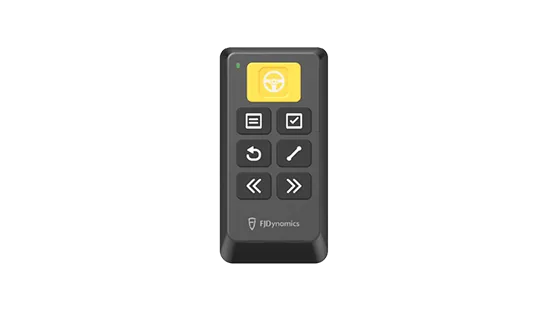 Black remote control with steering wheel icon and navigation buttons.