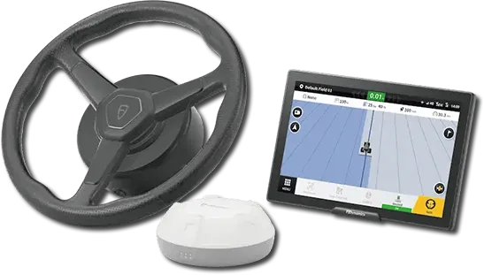 Boat steering wheel, navigation display, and sensor, on white background.