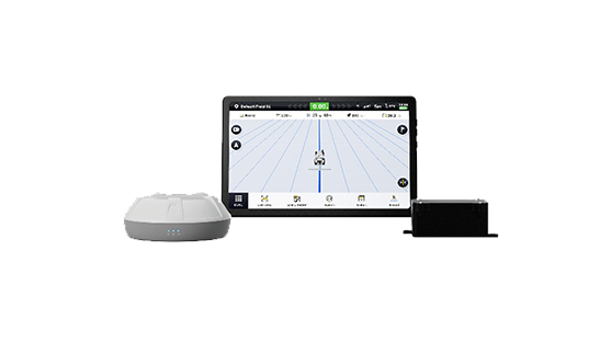 A navigation system setup with a tablet, a receiver, and a black module, displaying a map.