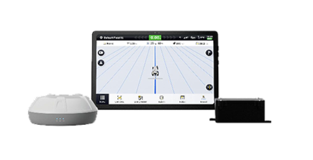 A navigation system setup with a tablet, a receiver, and a black module, displaying a map.
