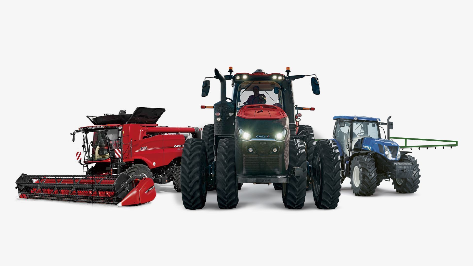 Three agricultural machines: red combine, black tractor, blue sprayer, on white background.
