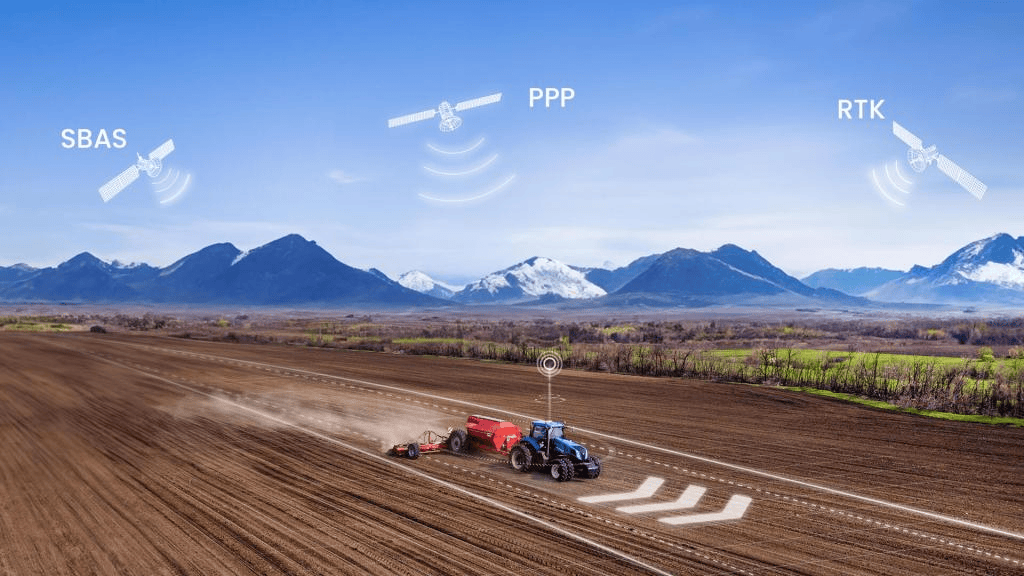 Tractor plowing field with satellite signals overhead (SBAS, PPP, RTK) in front of mountains.