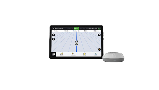 GPS guidance system display with a receiver, showing a field map with a blue guidance line.