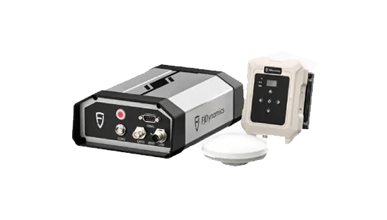 GPS equipment set: receiver box, control panel, and antenna. Silver and black.