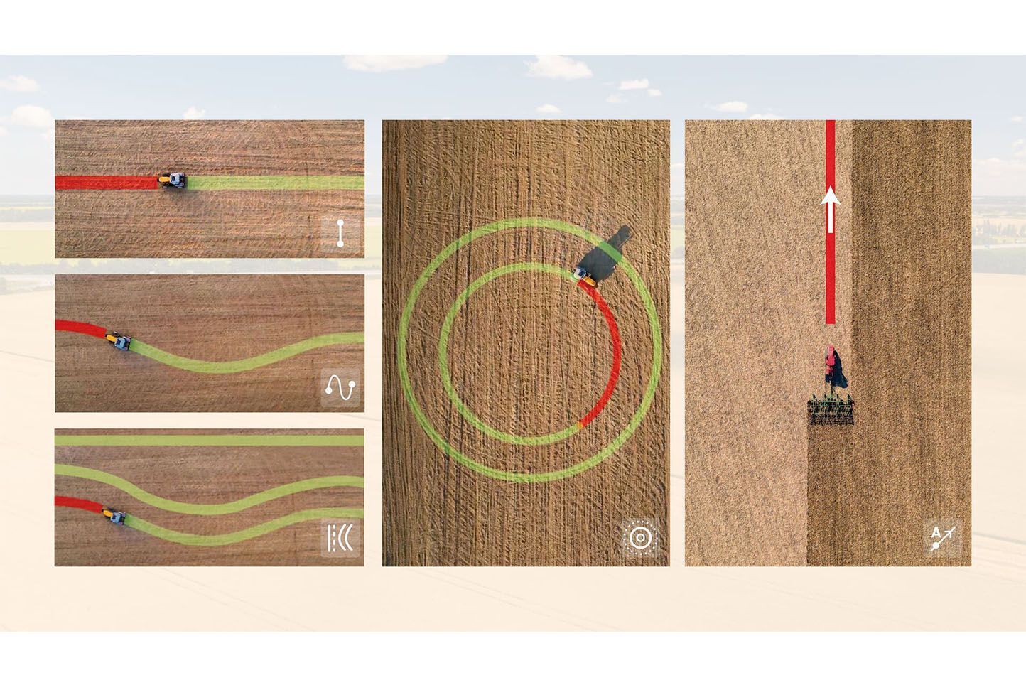 Diagrams of farm equipment demonstrating field navigation using red and green lines, set in a field.