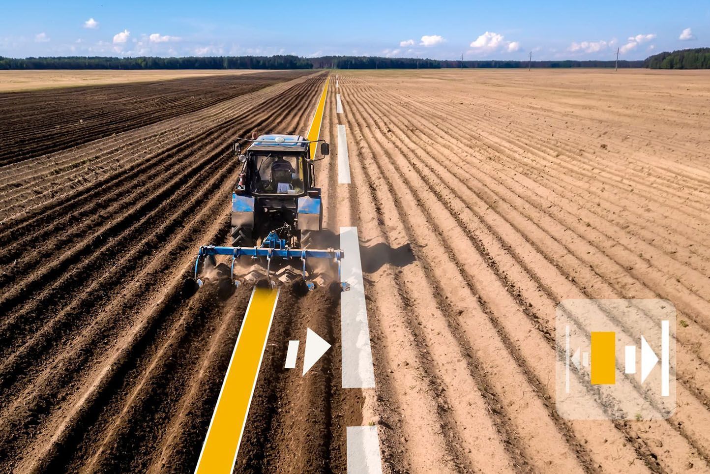Tractor plowing a field, creating long furrows. Yellow and white lines overlaid on the image, guiding the work.