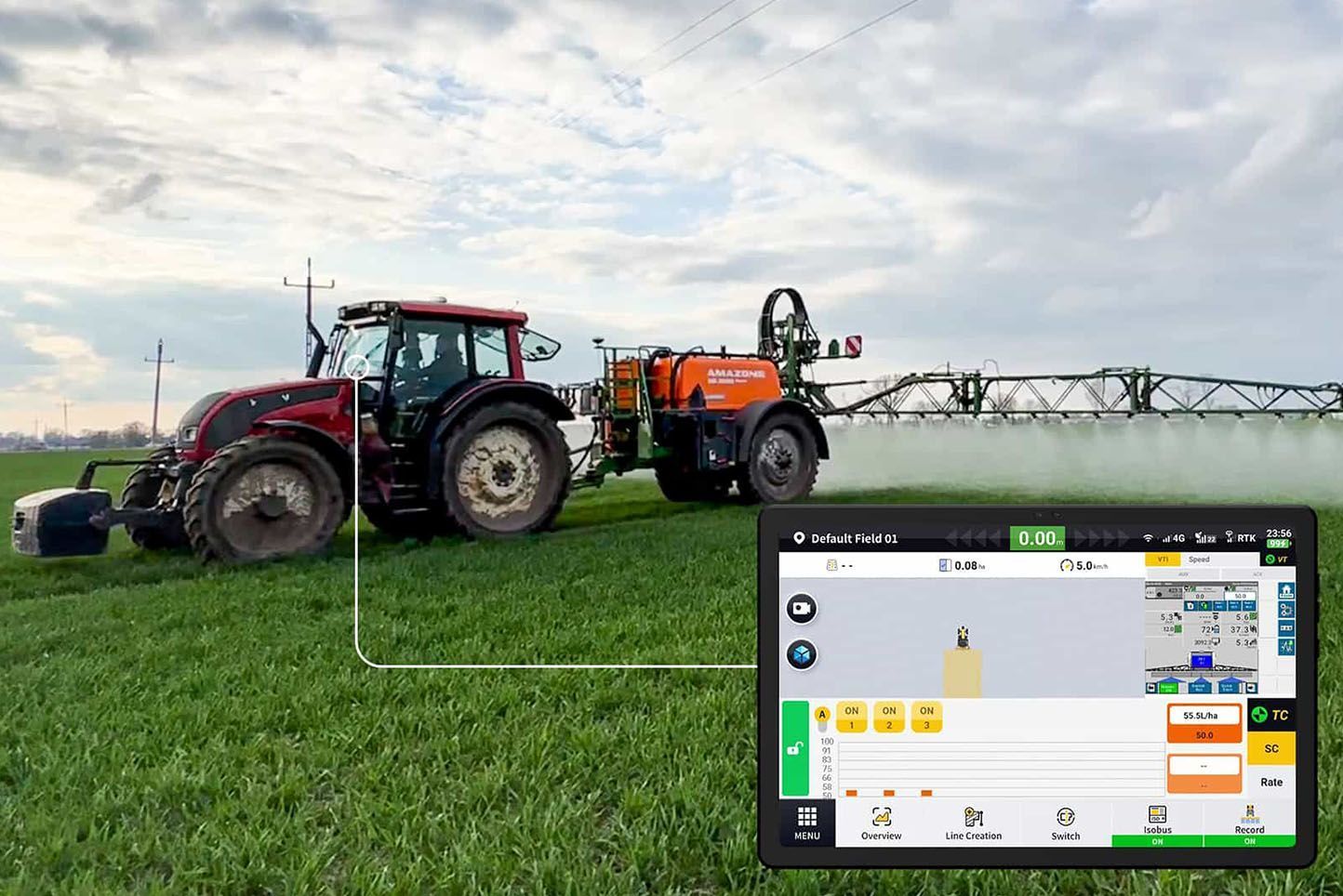 Red tractor spraying a field, controlled by a connected tablet with a user interface.