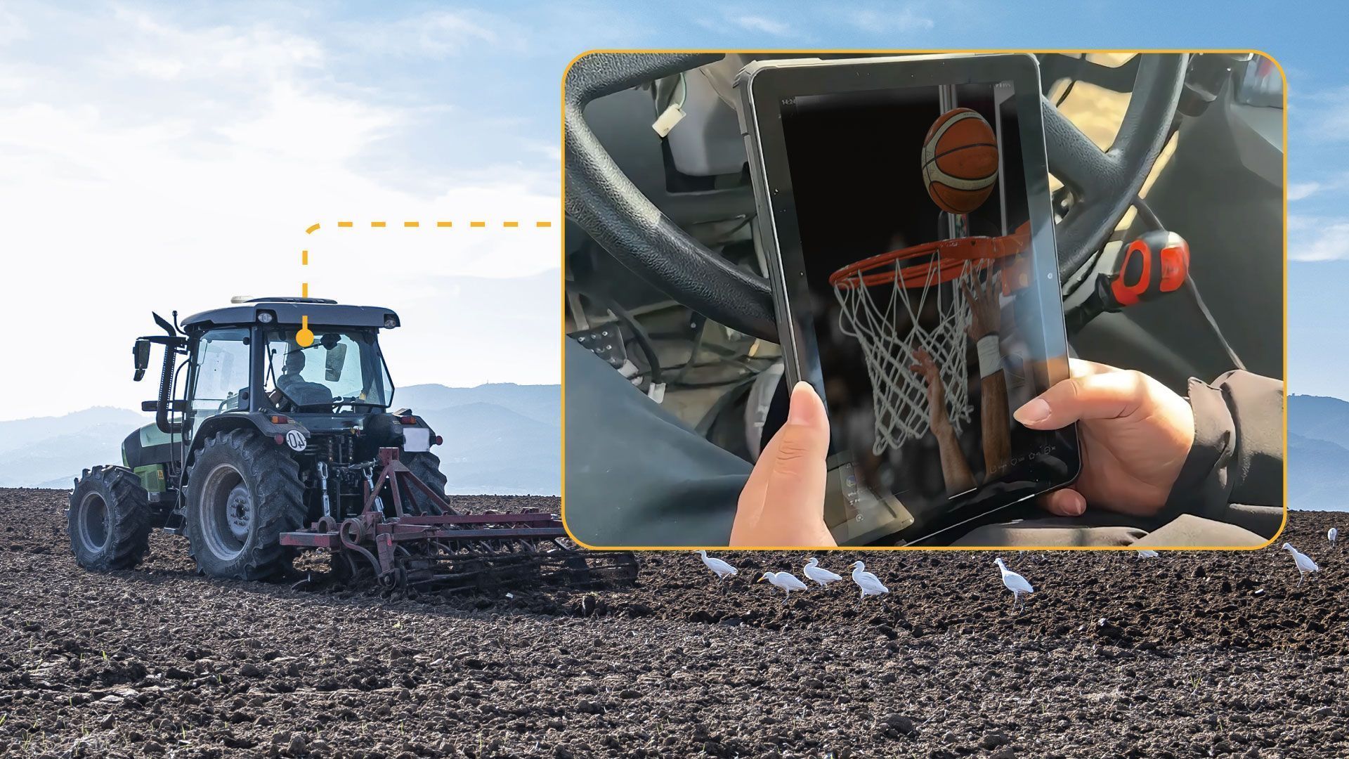 A tractor plows a field; inset shows someone in the cab playing basketball with a mini hoop attached to the dash.