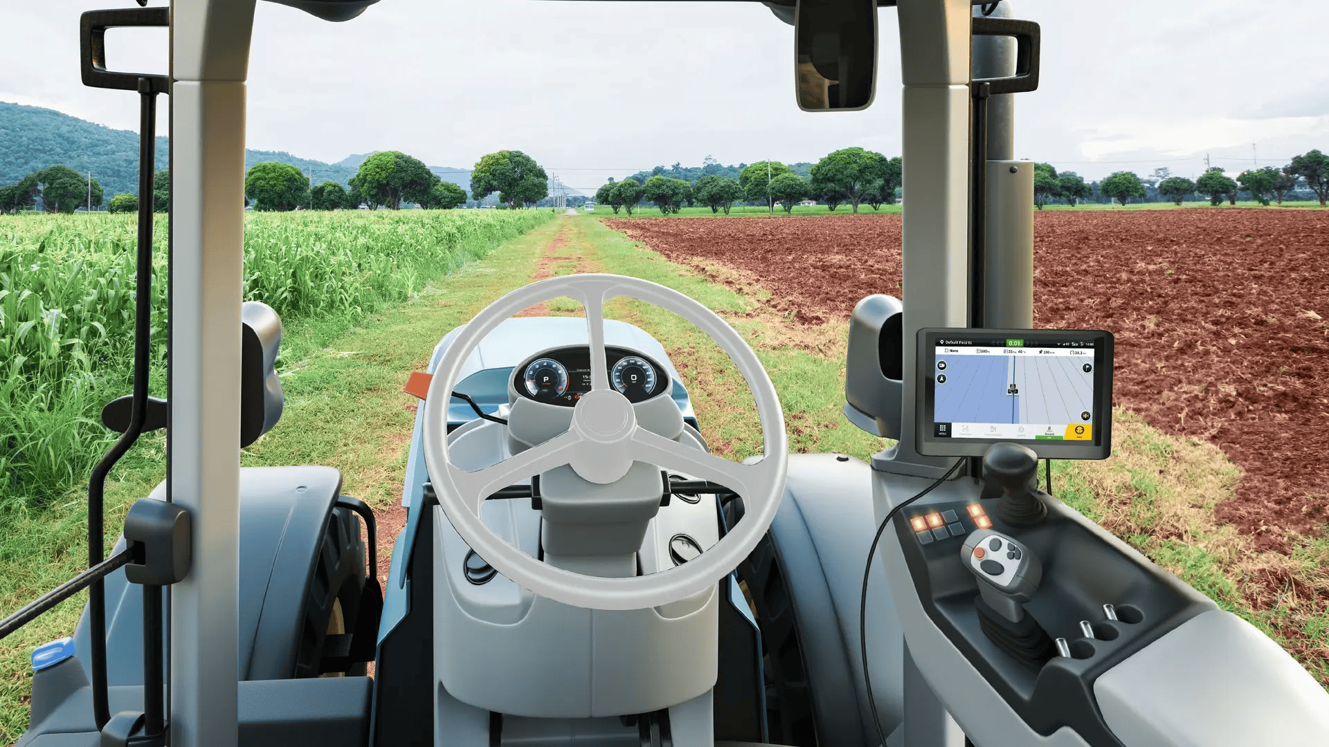 View from inside a tractor cab, looking out at fields. A display screen and steering wheel are visible.
