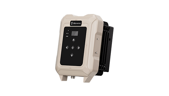 Cell phone signal booster, beige and black, with a digital display and control buttons.