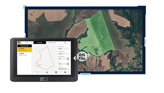 Tablet displaying map data overlaid on aerial view of land, likely for GIS analysis.