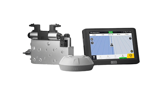 Silver GPS receiver, tablet showing map, and attached equipment against white background.