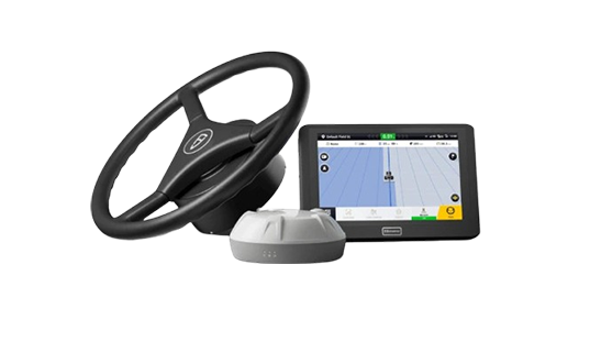 Steering wheel, navigation screen, and GPS receiver for agricultural use, showing field map display.
