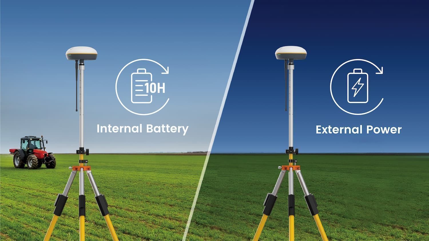 Two GPS devices on tripods in a field. One runs on a 10-hour internal battery, the other on external power.
