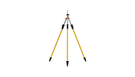 Yellow and black surveying tripod with adjustable legs, outdoors.