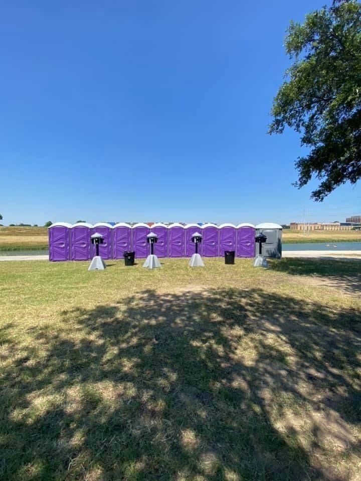 A row of purple portable toilets on a grassy field under a clear blue sky.