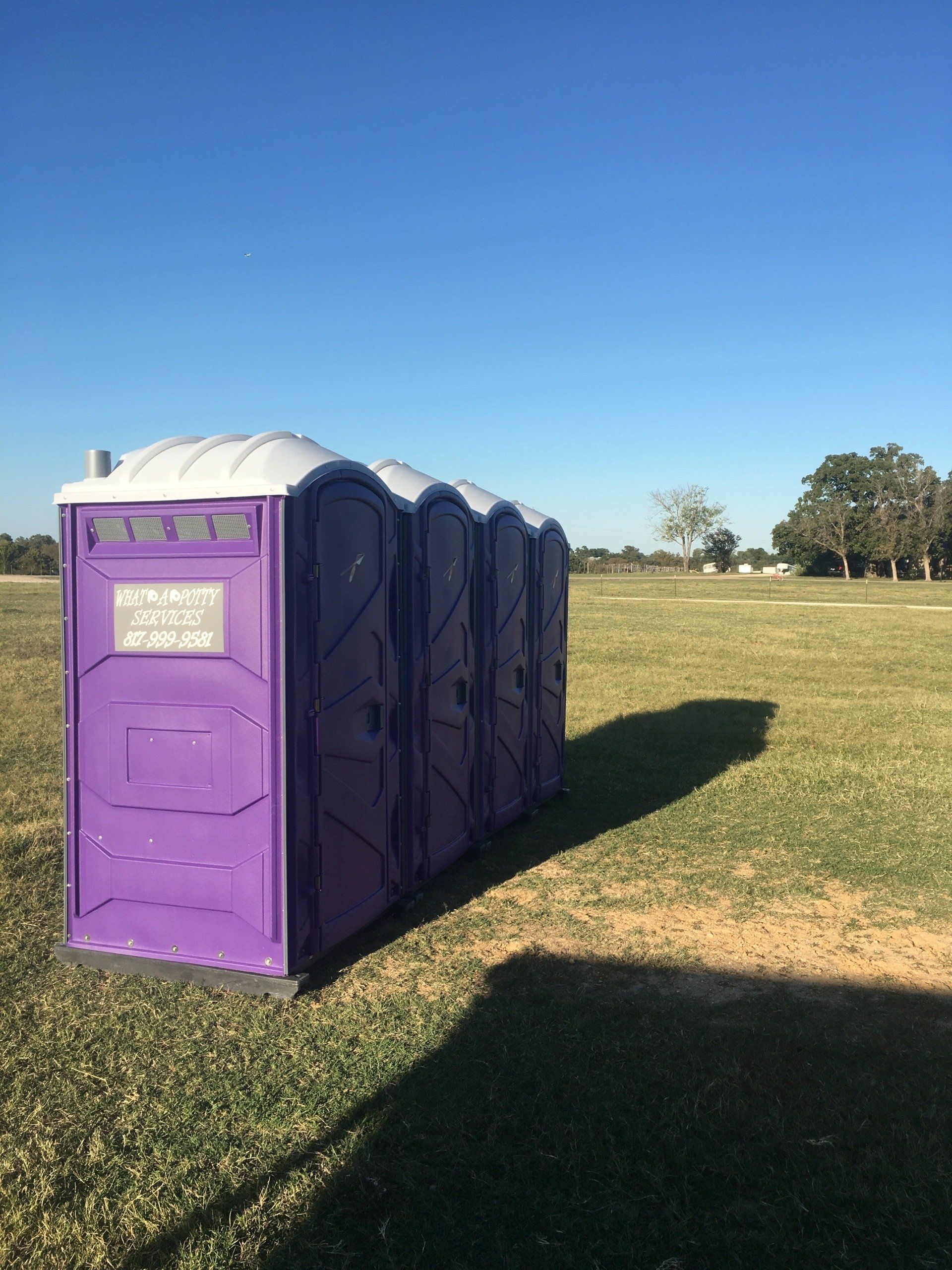 Purple portable toilets lined up on a grassy field under a clear blue sky.